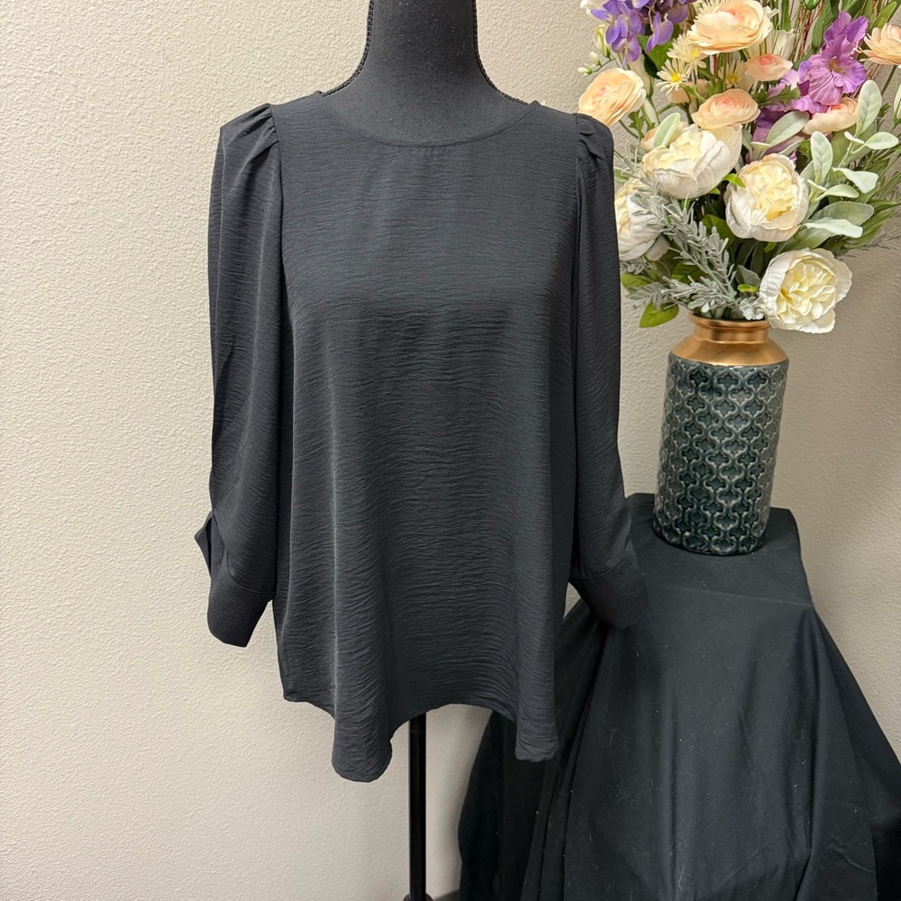 NWT Ivy Jane Black Blouse Medium Long Sleeve Puff Shoulder Casual to Cocktail